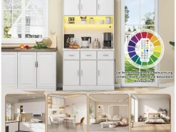 ModernLuxe Aparador De Cocina|Aparador de cocina con LED - 6 puertas, 3 cajones y 3 compartimentos abiertos -