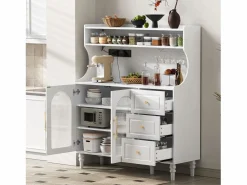 Merax Aparador de cocina con zócalos - 120 x 40 x 138,5 cm - con 3 cajones + botellero + estantes + 2 puertas - MDF - Blanco New