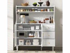 Merax Aparador de cocina con zócalos - 120 x 40 x 138,5 cm - con 3 cajones + botellero + estantes + 2 puertas - MDF - Blanco New