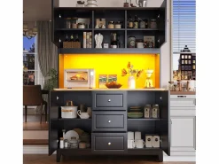 Merax Aparador de cocina de alta calidad - 120 x 40 x 180 cm - con LED + 3 cajones + 4 puertas - MDF - Negro Clearance