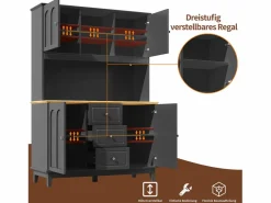 Merax Aparador de cocina de alta calidad - 120 x 40 x 180 cm - con LED + 3 cajones + 4 puertas - MDF - Negro Clearance