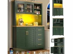 Merax Aparador De Cocina|Aparador de cocina estilo rústico - 105,5 x 40 x 180 cm - con 4 puertas + LED + portavasos + cajones - MDF -