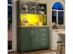 Merax Aparador De Cocina|Aparador de cocina estilo rústico - 105,5 x 40 x 180 cm - con 4 puertas + LED + portavasos + cajones - MDF -