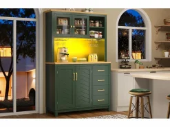 Merax Aparador De Cocina|Aparador de cocina estilo rústico - 105,5 x 40 x 180 cm - con 4 puertas + LED + portavasos + cajones - MDF -