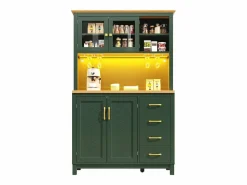 Merax Aparador De Cocina|Aparador de cocina estilo rústico - 105,5 x 40 x 180 cm - con 4 puertas + LED + portavasos + cajones - MDF -