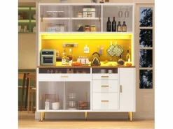Merax Aparador de cocina moderno - 145 x 24 x 171 cm - con LED + estantes + puertas + 4 cajones - cristal + MDF - Blanco Hot