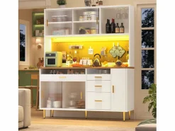 Merax Aparador de cocina moderno - 145 x 24 x 171 cm - con LED + estantes + puertas + 4 cajones - cristal + MDF - Blanco Hot