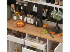 Merax Aparador de cocina moderno - 145 x 24 x 171 cm - con LED + estantes + puertas + 4 cajones - cristal + MDF - Blanco Hot