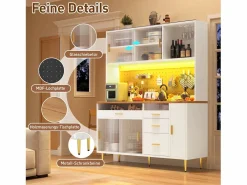Merax Aparador de cocina moderno - 145 x 24 x 171 cm - con LED + estantes + puertas + 4 cajones - cristal + MDF - Blanco Hot