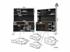 Aparador de cocina moderno - 145 x 24 x 171 cm - con LED + estantes + puertas + 4 cajones - vidrio + MDF -^Merax Outlet