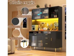 Aparador de cocina moderno - 145 x 24 x 171 cm - con LED + estantes + puertas + 4 cajones - vidrio + MDF -^Merax Outlet