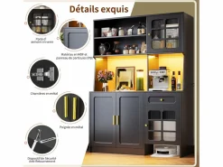 Hauss Spole Aparador de cocina 130x45x180 cm con puertas, cajón e iluminación LED, blanco Negro Best