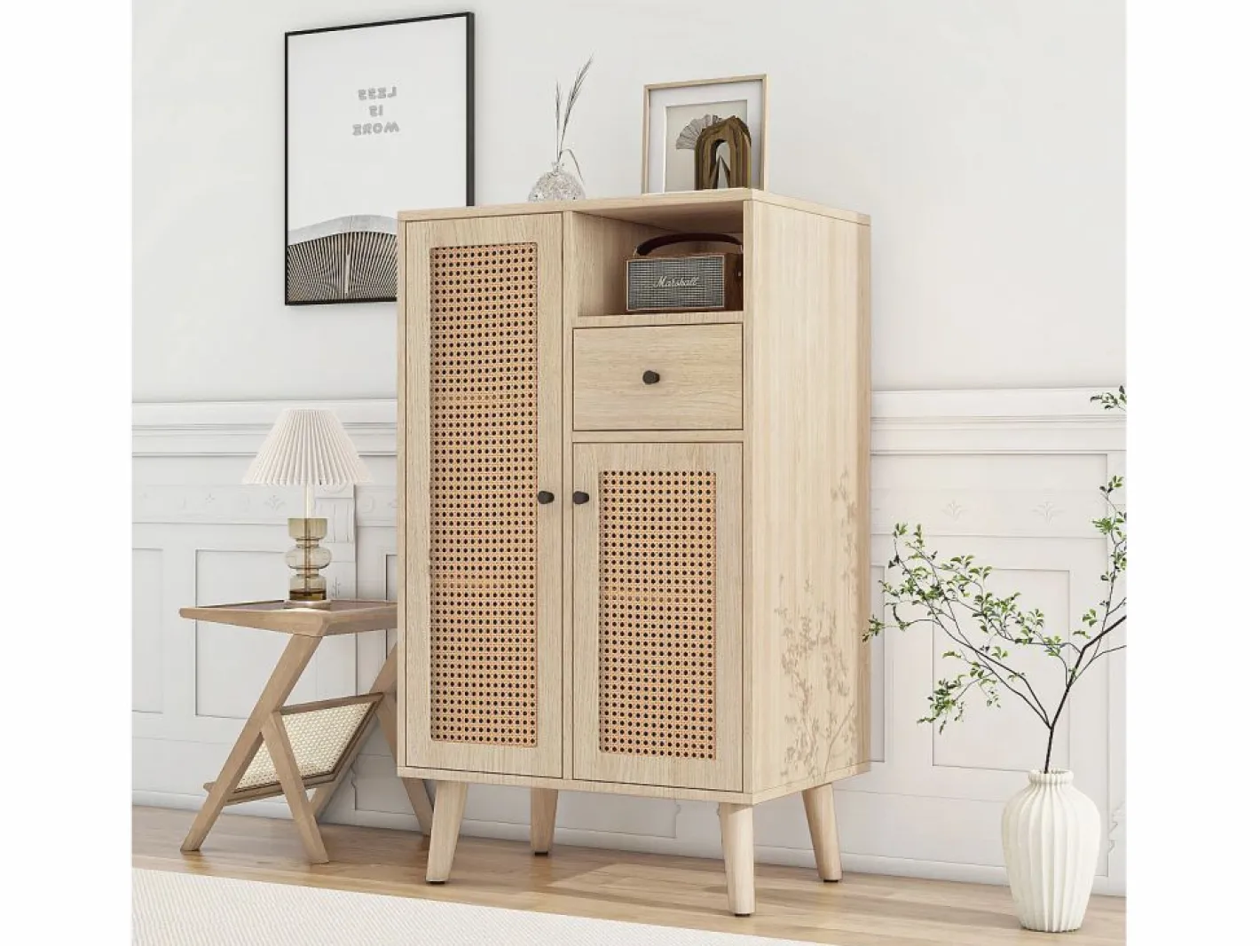 Aparador de cocina 60x40x110cm, 2 puertas de ratán y 1 cajón, madera, natural claro^Hauss Spole Outlet