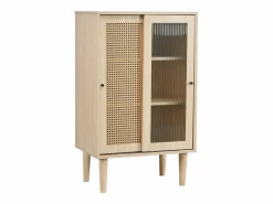 Hauss Spole Aparador de cocina 60x40x100cm, 2 puertas correderas respectivamente en cristal y ratán Color natural claro