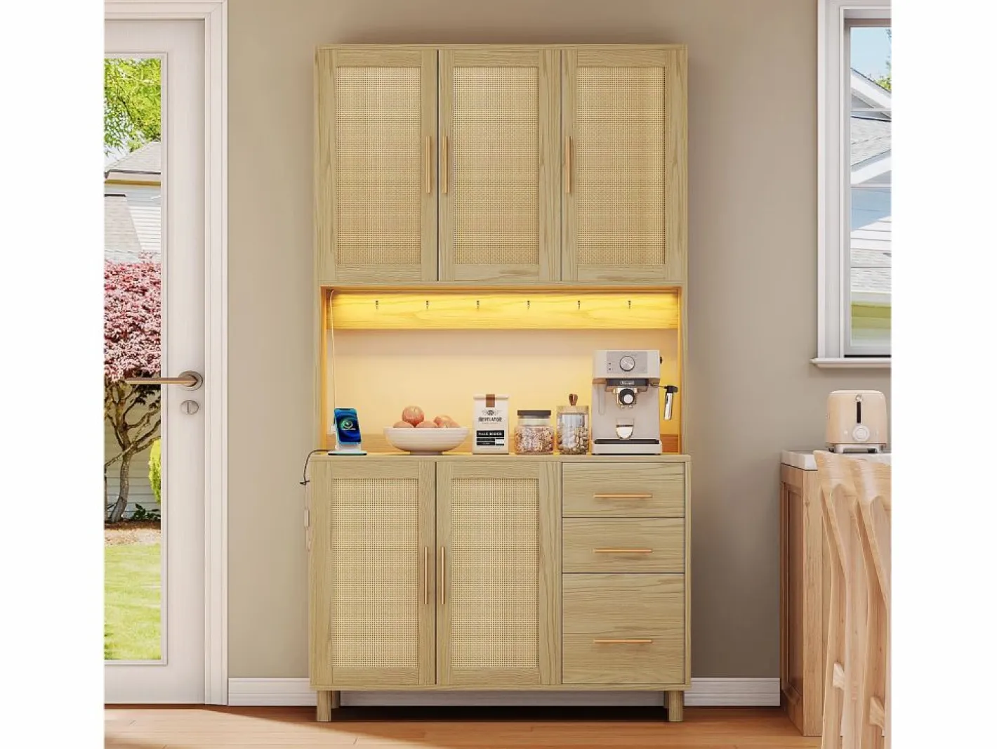 Hauss Spole Aparador De Cocina|Aparador de cocina 100x40x183cm con 5 puertas de ratán y 3 cajones, LED y puerto USB incluido, cuerpo natural