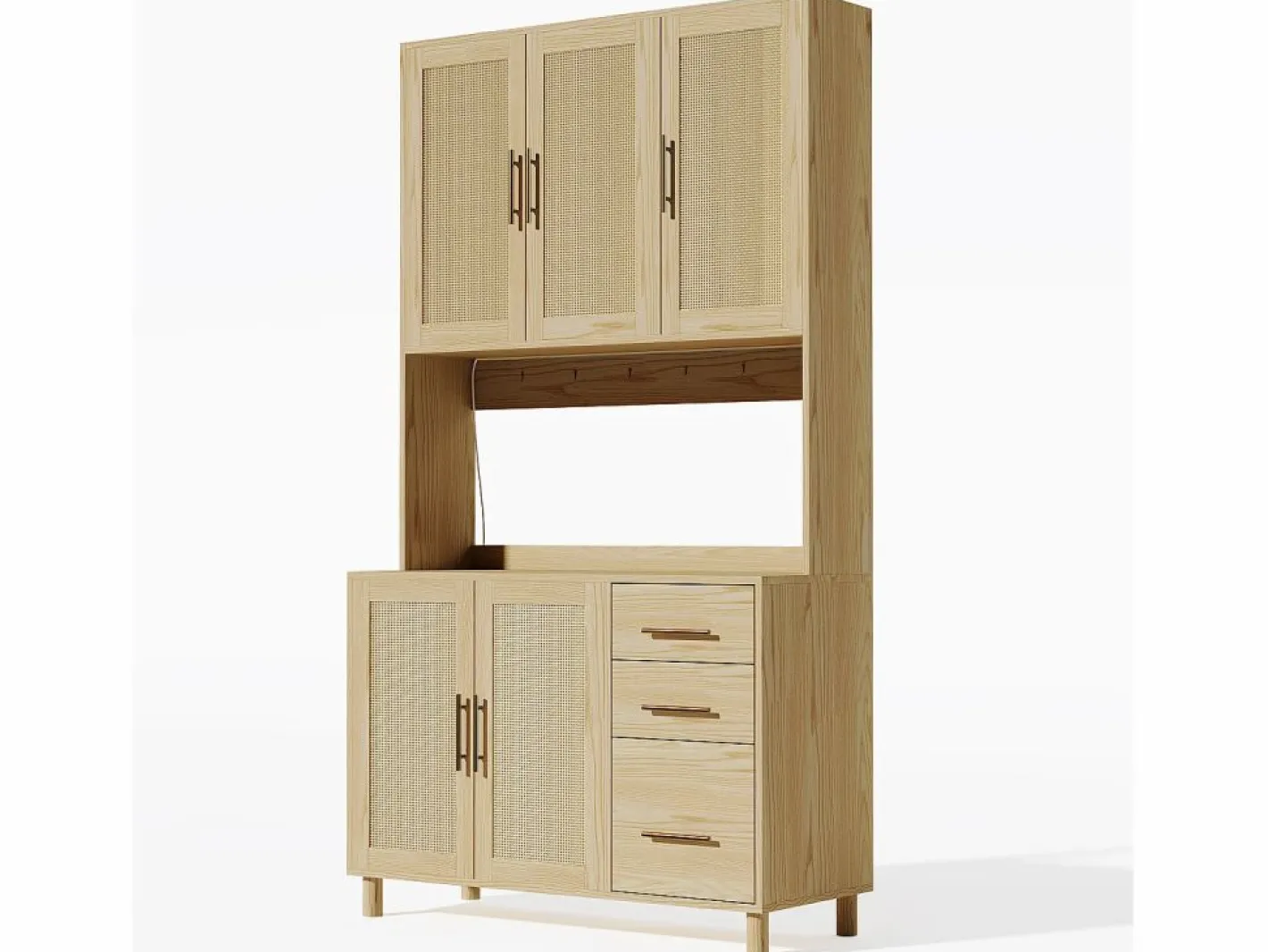 Hauss Spole Aparador De Cocina|Aparador de cocina 100x40x183cm con 5 puertas de ratán y 3 cajones, LED y puerto USB incluido, cuerpo natural