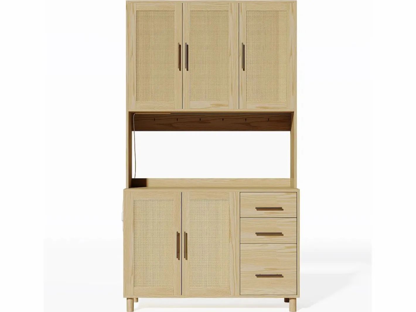 Hauss Spole Aparador De Cocina|Aparador de cocina 100x40x183cm con 5 puertas de ratán y 3 cajones, LED y puerto USB incluido, cuerpo natural