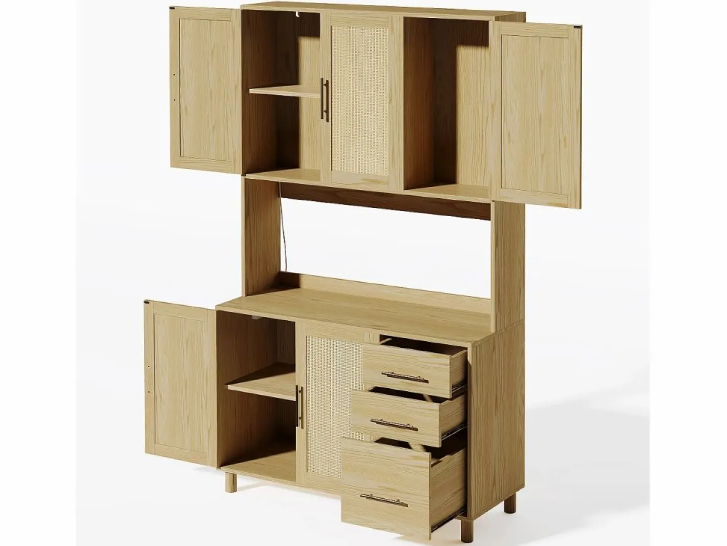 Hauss Spole Aparador De Cocina|Aparador de cocina 100x40x183cm con 5 puertas de ratán y 3 cajones, LED y puerto USB incluido, cuerpo natural