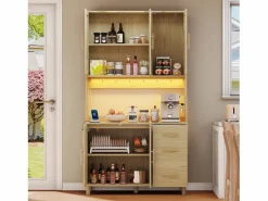 Hauss Spole Aparador De Cocina|Aparador de cocina 100x40x183cm con 5 puertas de ratán y 3 cajones, LED y puerto USB incluido, cuerpo natural