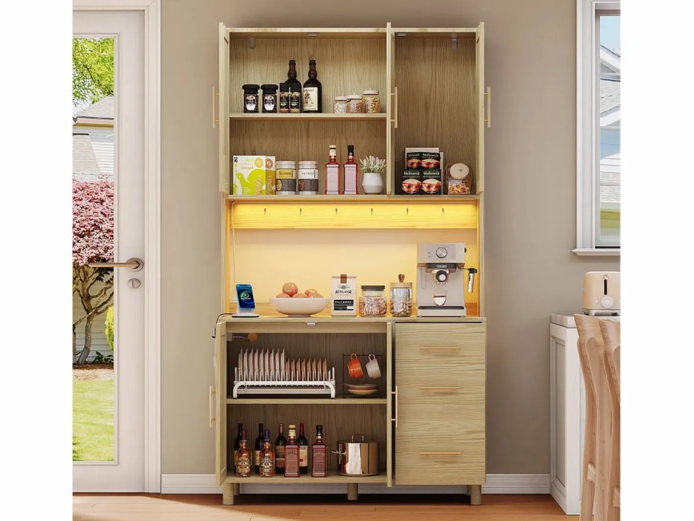 Hauss Spole Aparador De Cocina|Aparador de cocina 100x40x183cm con 5 puertas de ratán y 3 cajones, LED y puerto USB incluido, cuerpo natural