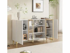 Hauss Spole Aparador de cocina 150x38x85cm con 4 puertas incluidas 2 de cristal, cuerpo con bandas doradas Blanco Discount