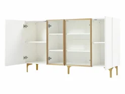 Hauss Spole Aparador de cocina 150x38x85cm con 4 puertas incluidas 2 de cristal, cuerpo con bandas doradas Blanco Discount