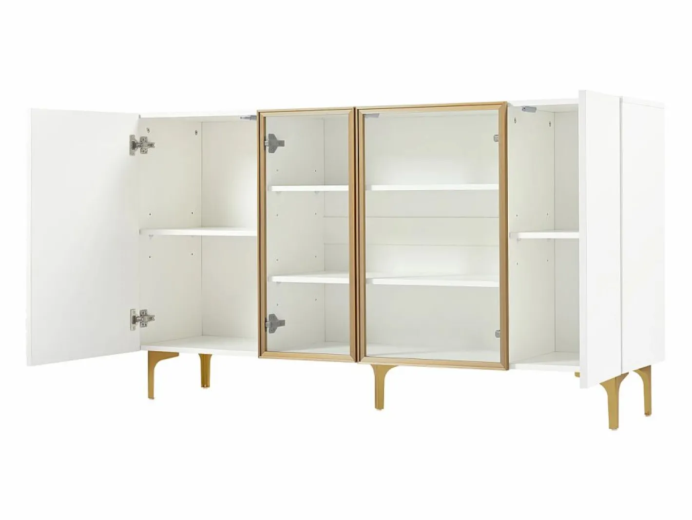 Hauss Spole Aparador de cocina 150x38x85cm con 4 puertas incluidas 2 de cristal, cuerpo con bandas doradas Blanco Discount