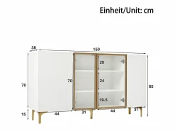 Hauss Spole Aparador de cocina 150x38x85cm con 4 puertas incluidas 2 de cristal, cuerpo con bandas doradas Blanco Discount
