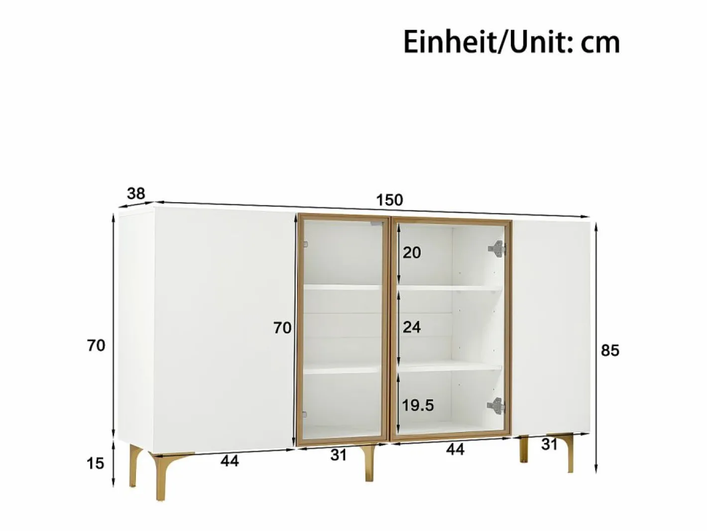 Hauss Spole Aparador de cocina 150x38x85cm con 4 puertas incluidas 2 de cristal, cuerpo con bandas doradas Blanco Discount