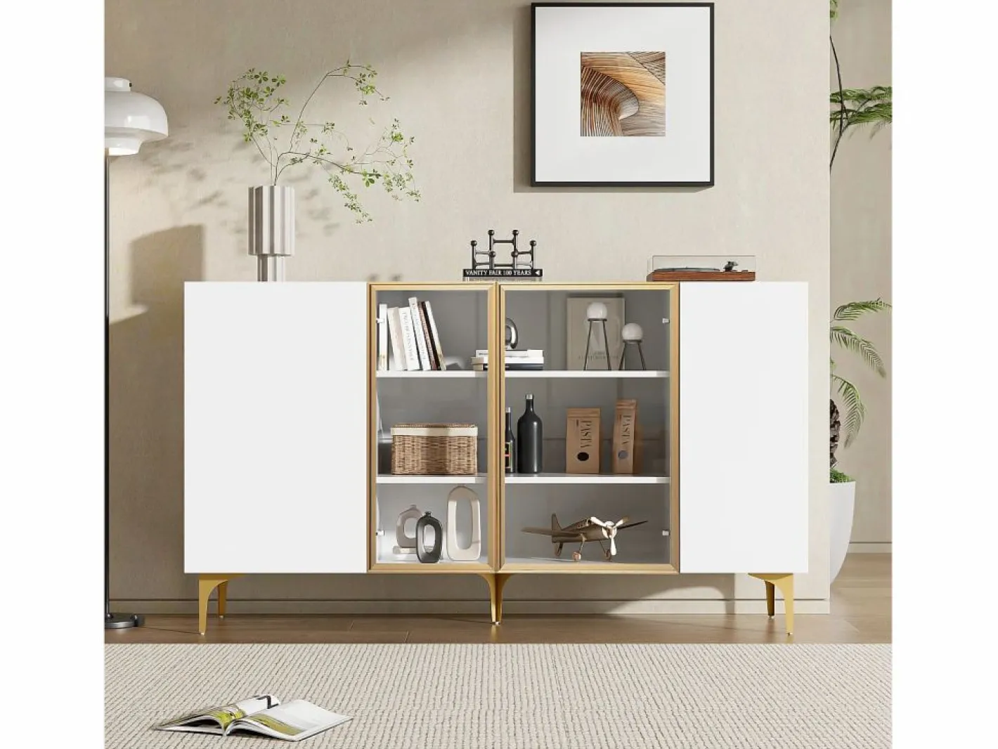 Hauss Spole Aparador de cocina 150x38x85cm con 4 puertas incluidas 2 de cristal, cuerpo con bandas doradas Blanco Discount
