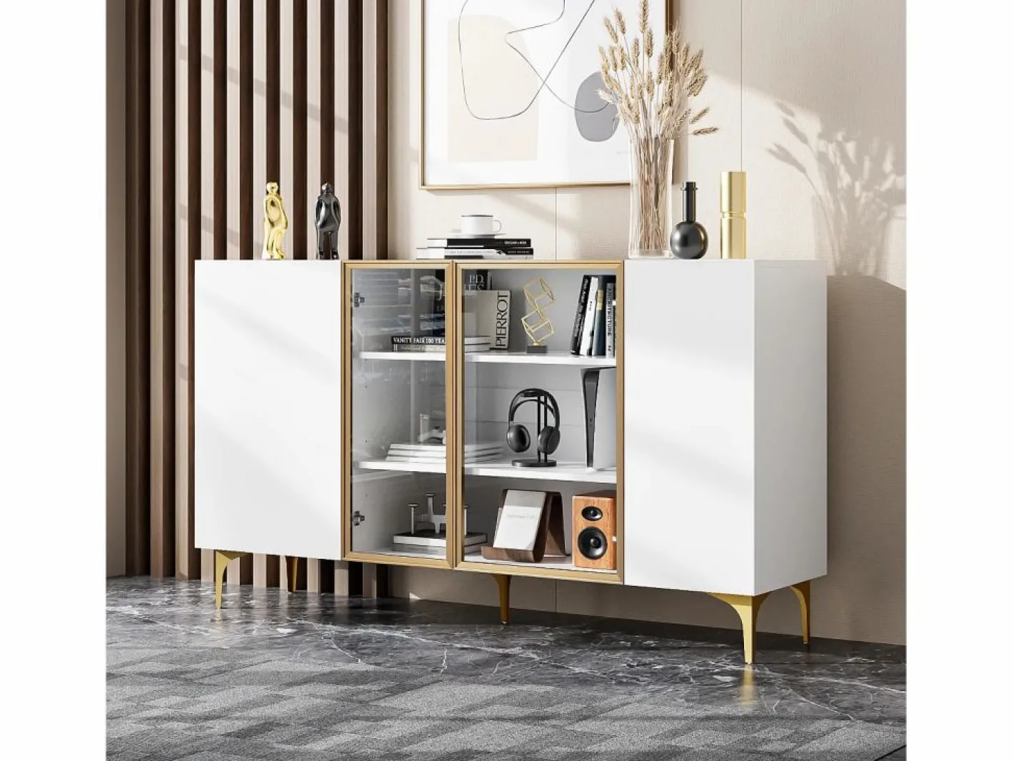 Hauss Spole Aparador de cocina 150x38x85cm con 4 puertas incluidas 2 de cristal, cuerpo con bandas doradas Blanco Discount