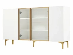 Hauss Spole Aparador de cocina 150x38x85cm con 4 puertas incluidas 2 de cristal, cuerpo con bandas doradas Blanco Discount