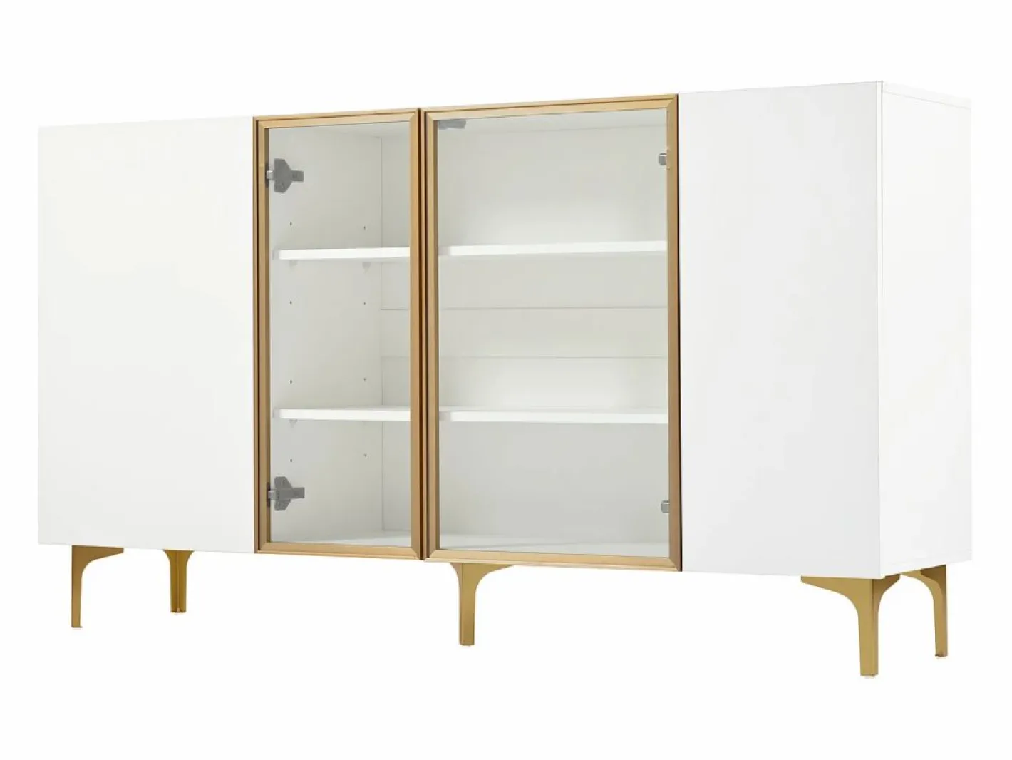 Hauss Spole Aparador de cocina 150x38x85cm con 4 puertas incluidas 2 de cristal, cuerpo con bandas doradas Blanco Discount