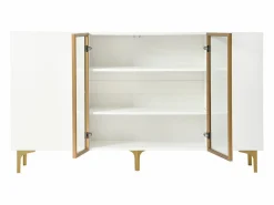 Hauss Spole Aparador de cocina 150x38x85cm con 4 puertas incluidas 2 de cristal, cuerpo con bandas doradas Blanco Discount