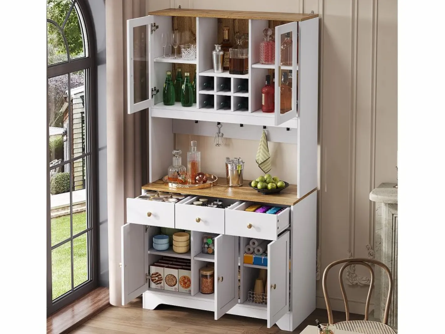 Hauss Spole Aparador De Cocina|Aparador de cocina 94,5x40x175,5cm con 5 puertas, 3 cajones y nichos, tapa chapada imitación madera, cuerpo
