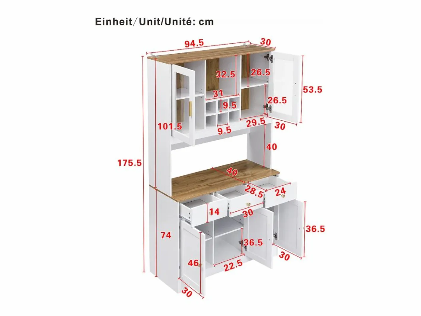 Hauss Spole Aparador De Cocina|Aparador de cocina 94,5x40x175,5cm con 5 puertas, 3 cajones y nichos, tapa chapada imitación madera, cuerpo