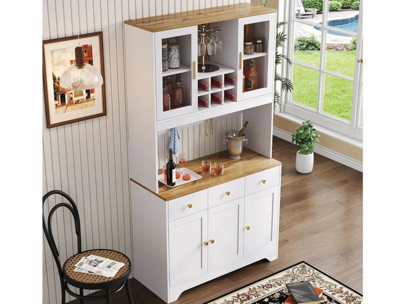 Hauss Spole Aparador De Cocina|Aparador de cocina 94,5x40x175,5cm con 5 puertas, 3 cajones y nichos, tapa chapada imitación madera, cuerpo