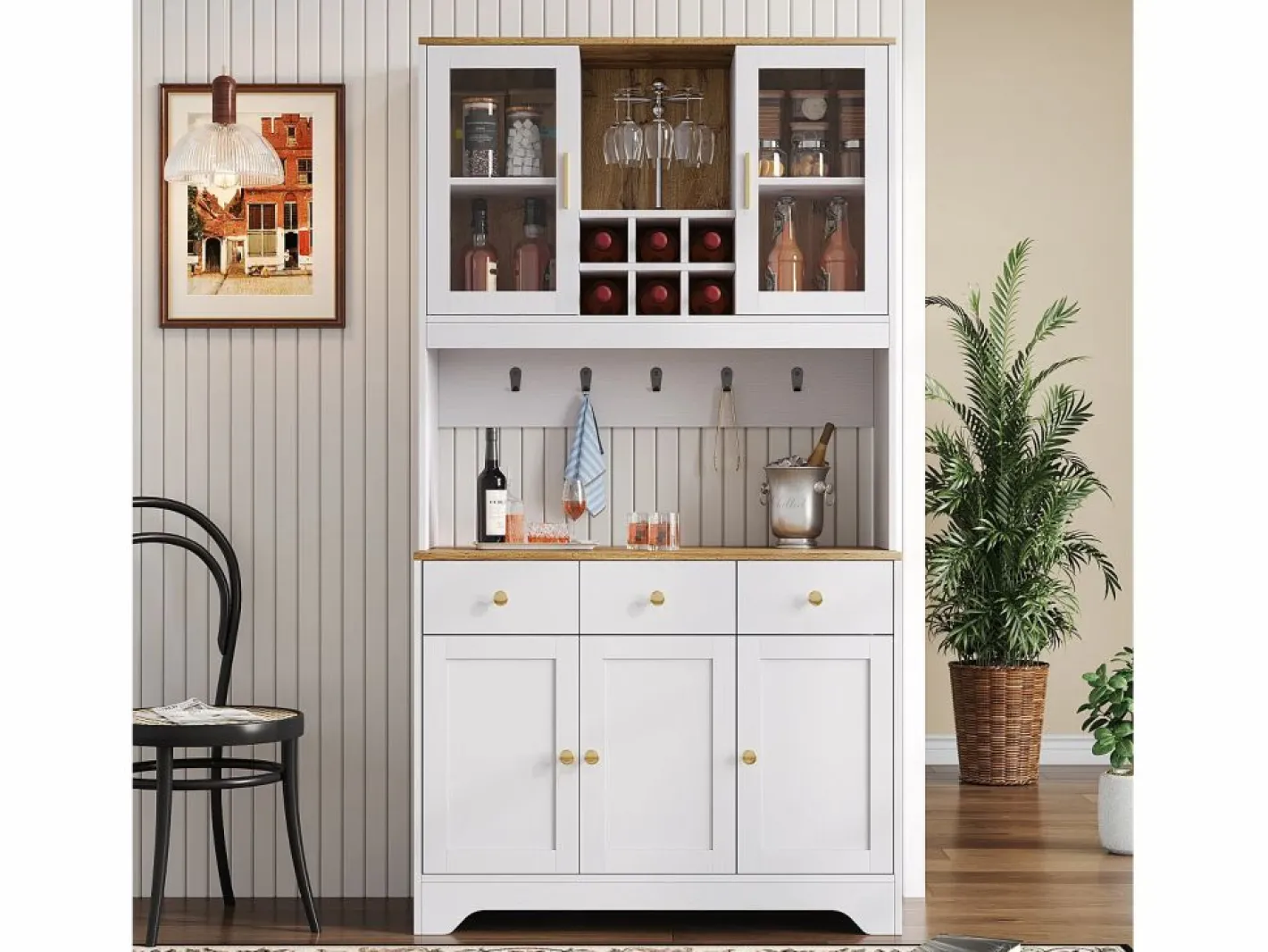 Hauss Spole Aparador De Cocina|Aparador de cocina 94,5x40x175,5cm con 5 puertas, 3 cajones y nichos, tapa chapada imitación madera, cuerpo