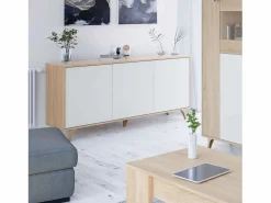 Aparador Kikua 3 puertas roble canadian y artik, 75x154x40 cm Blanco Online