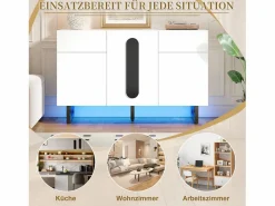Merax Aparador moderno - 120 x 40,5 x 75 cm - con 2 cajones + 3 puertas + luces LED - patas metálicas - madera - Blanco Online