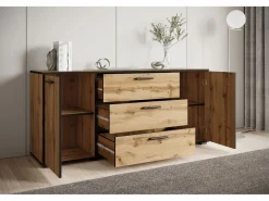 Cómoda|Aparador moderno 150 cm para salón – 3 cajones y 2 puertas, color roble wotan con borde grafito negro