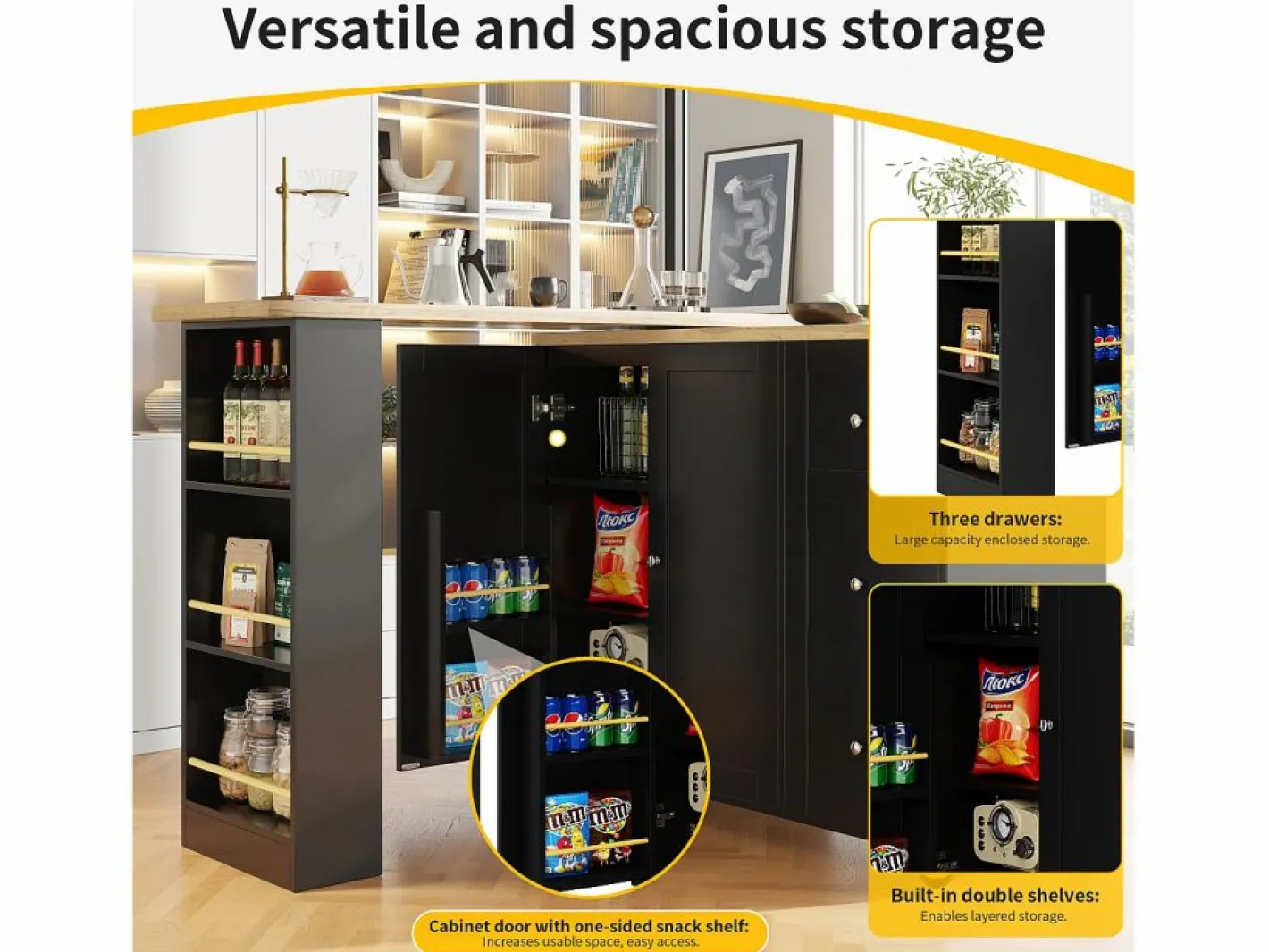 ModernLuxe Mueble Bar|Aparador, mueble bar giratorio - MDF - 3 cajones y 2 puertas -
