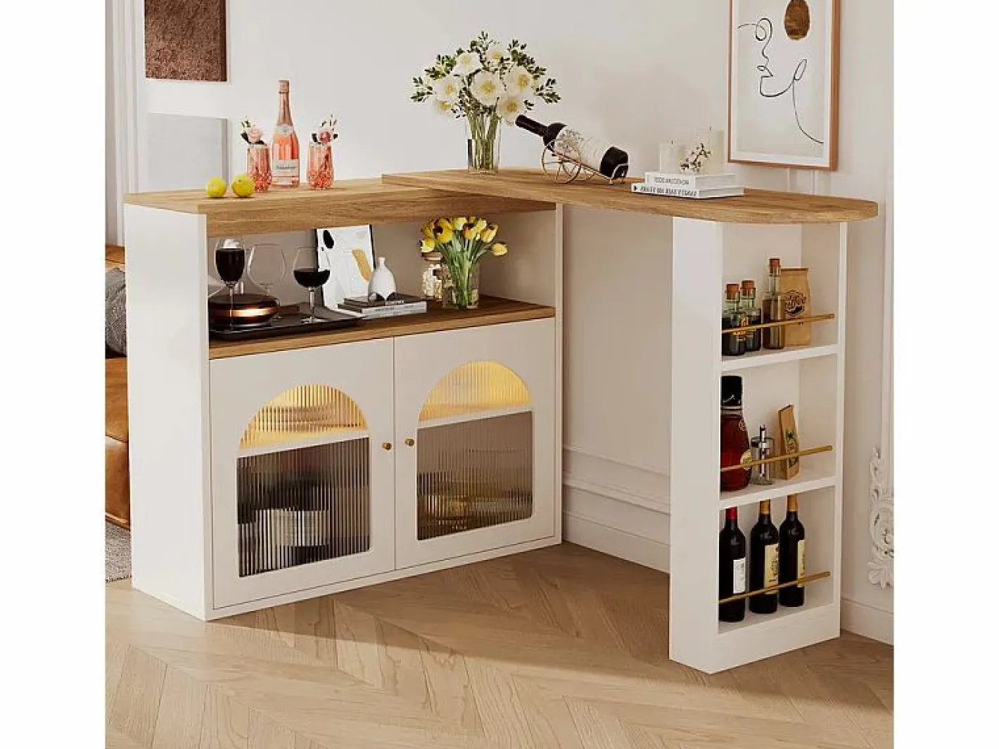 ModernLuxe Aparador, Mueble bar giratorio y retráctil con LED - gran espacio de almacenamiento - estilo contemporáneo - Blanco Clearance