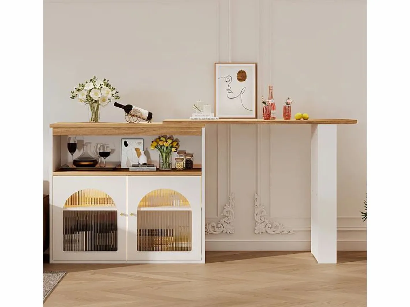 ModernLuxe Aparador, Mueble bar giratorio y retráctil con LED - gran espacio de almacenamiento - estilo contemporáneo - Blanco Clearance