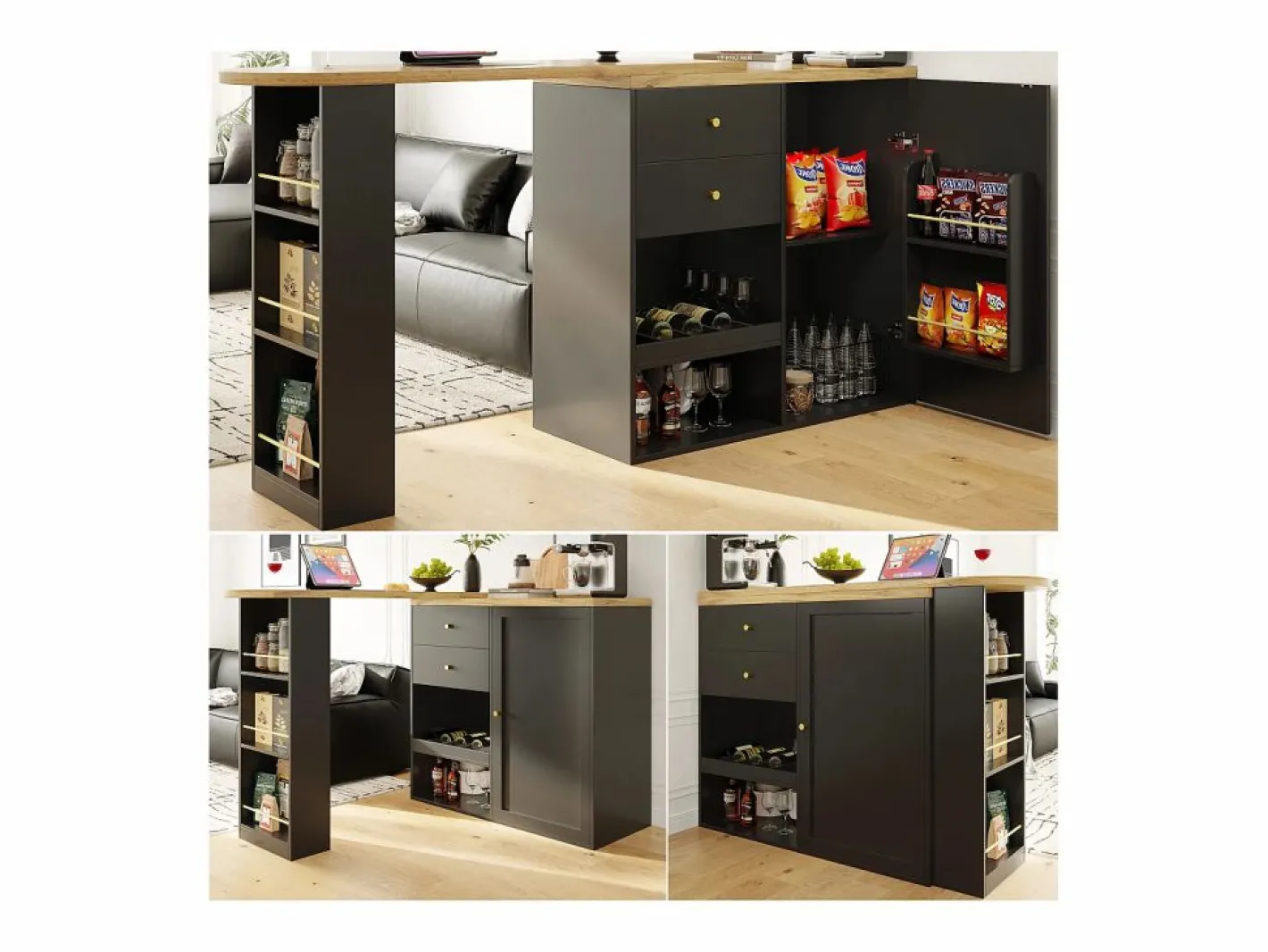 Aparador, Mueble bar giratorio y retráctil - 2 cajones y 6 compartimentos -^ModernLuxe Best