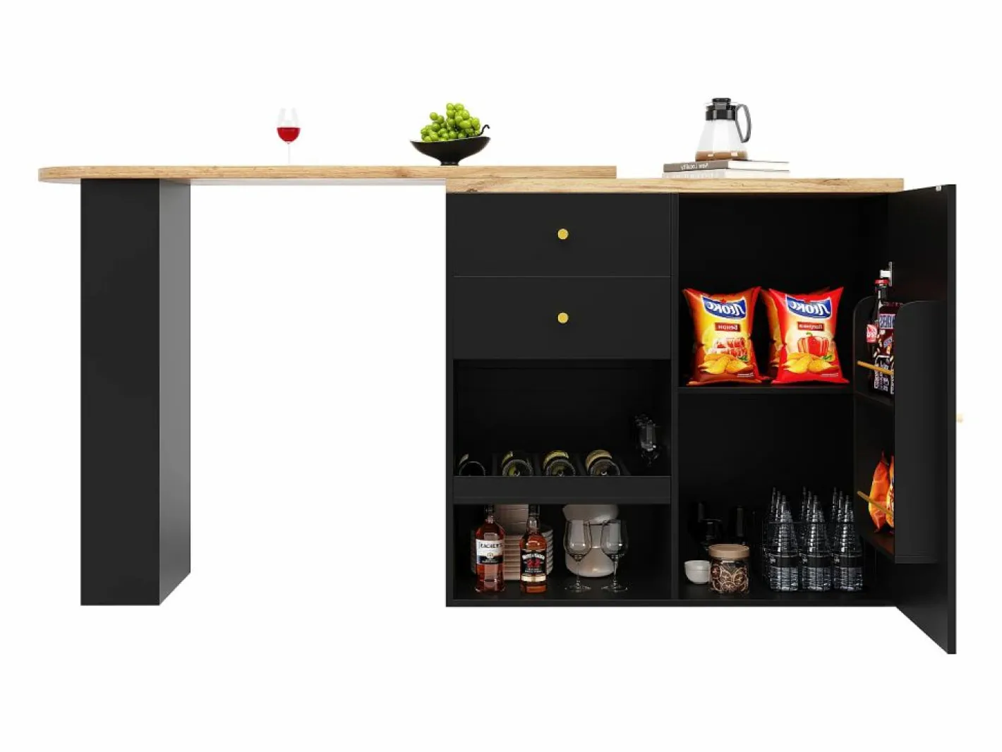 Aparador, Mueble bar giratorio y retráctil - 2 cajones y 6 compartimentos -^ModernLuxe Best