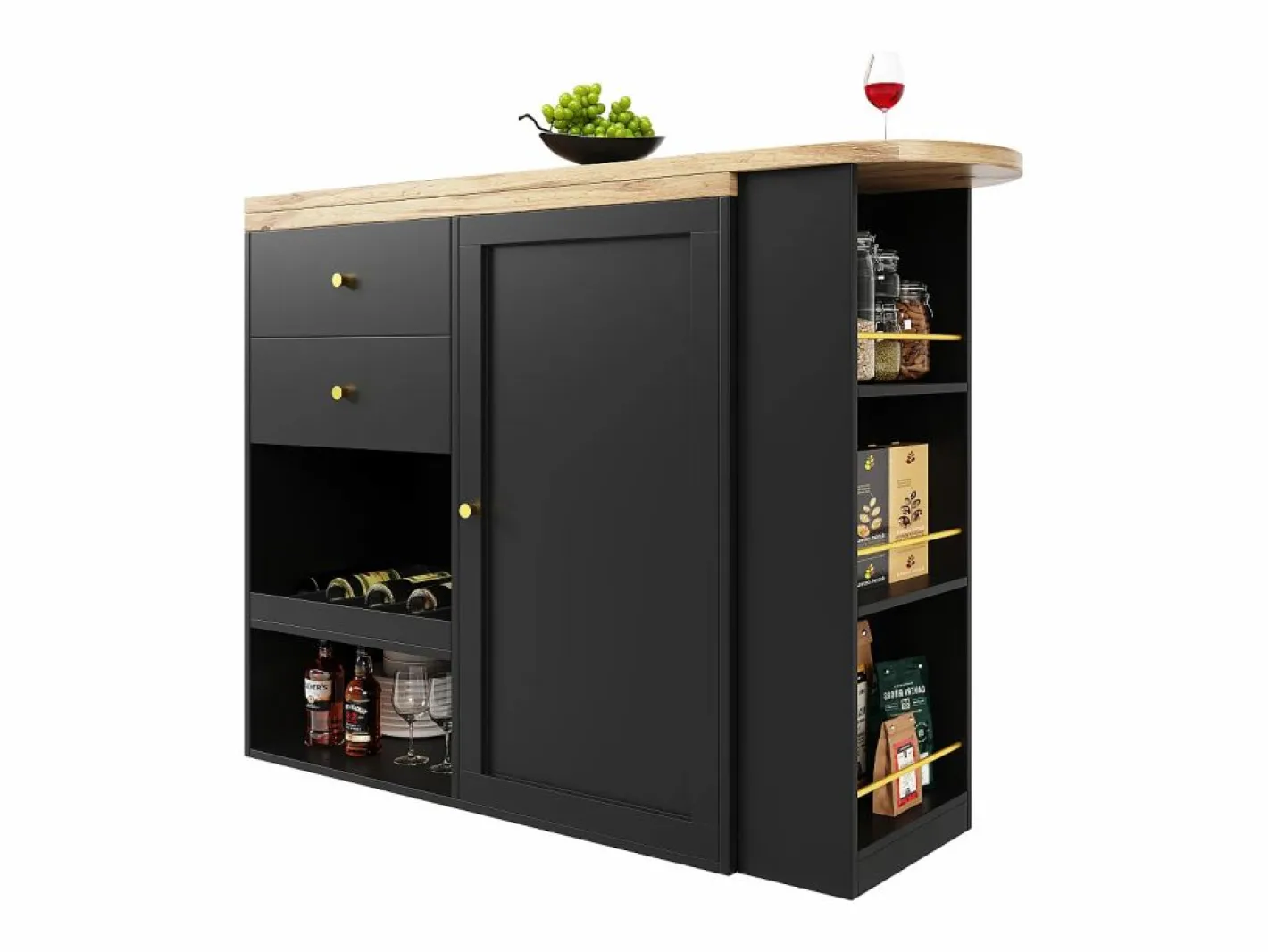 Aparador, Mueble bar giratorio y retráctil - 2 cajones y 6 compartimentos -^ModernLuxe Best