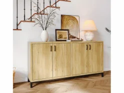 Aparador, mueble de cocina de 4 puertas, para entrada, salón, cocina, dormitorio, 160 x 35 x 80 cm Color natural claro Sale