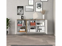 Aparador suspendido Iseo con 3 puertas y 6 compartimentos internos brillo y roble 150x35x70 cm Blanco Discount