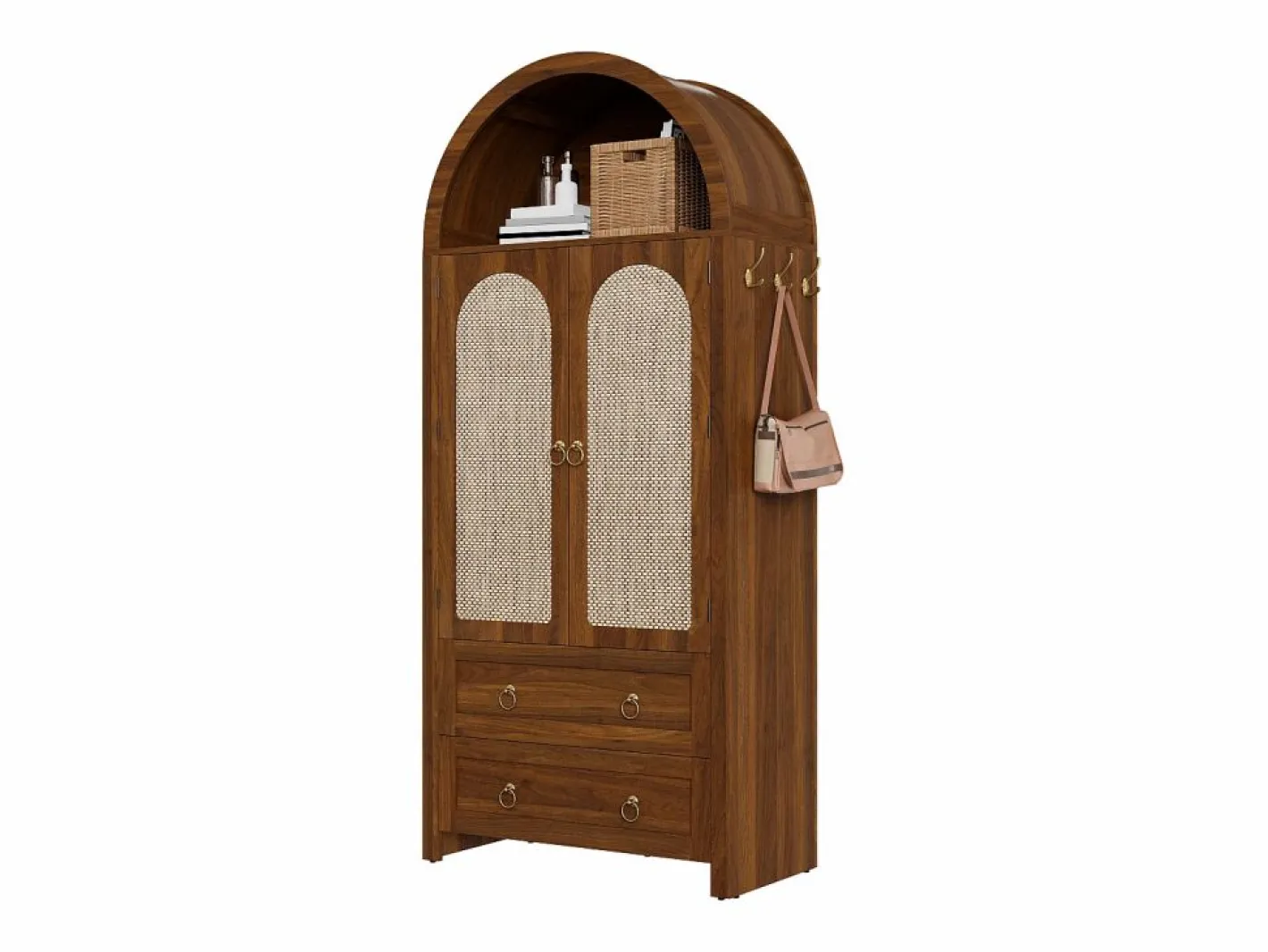 Merax Aparador|Aparador vintage de mimbre estilo abovedado - 80 x 40 x 180 cm - con 2 cajones + 2 puertas - para salón y dormitorio - MDF - marrón